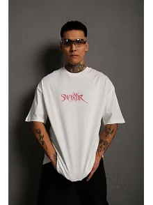 Erkek Baskılı T-shirt Oversize Kısa Kol Bisiklet Yaka Tişort - Beyaz