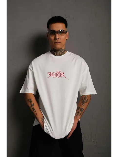 Erkek Baskılı T-shirt Oversize Kısa Kol Bisiklet Yaka Tişort - Beyaz