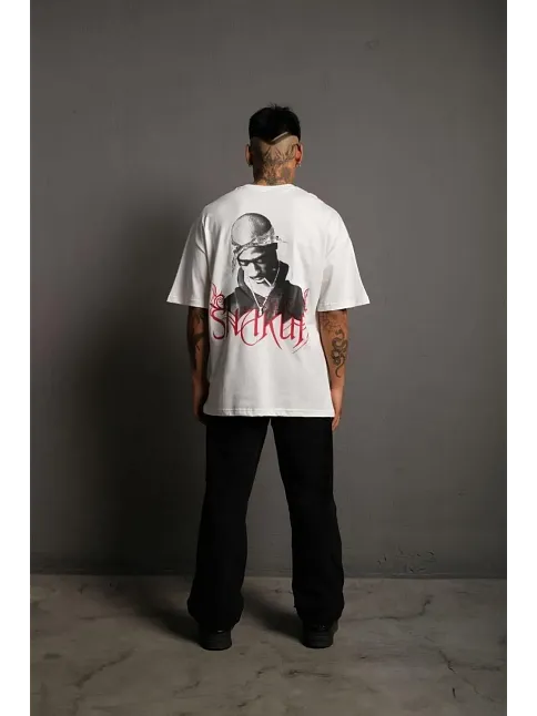 Erkek Baskılı T-shirt Oversize Kısa Kol Bisiklet Yaka Tişort - Beyaz