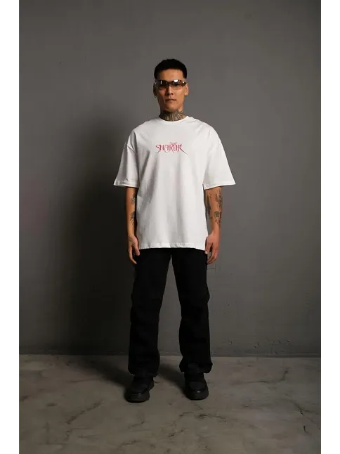 Erkek Baskılı T-shirt Oversize Kısa Kol Bisiklet Yaka Tişort - Beyaz