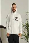 Erkek 3 İplik Pamuklu Kapüşonlu Baskılı Cepli Oversize Sweatshirt Hoodie - Beyaz