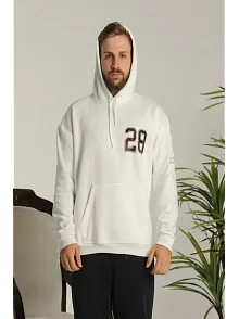 Erkek 3 İplik Pamuklu Kapüşonlu Baskılı Cepli Oversize Sweatshirt Hoodie - Beyaz