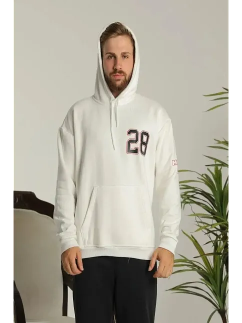 Erkek 3 İplik Pamuklu Kapüşonlu Baskılı Cepli Oversize Sweatshirt Hoodie - Beyaz