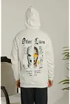 Erkek 3 İplik Pamuklu Kapüşonlu Baskılı Cepli Oversize Sweatshirt Hoodie - Beyaz