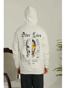 Erkek 3 İplik Pamuklu Kapüşonlu Baskılı Cepli Oversize Sweatshirt Hoodie - Beyaz