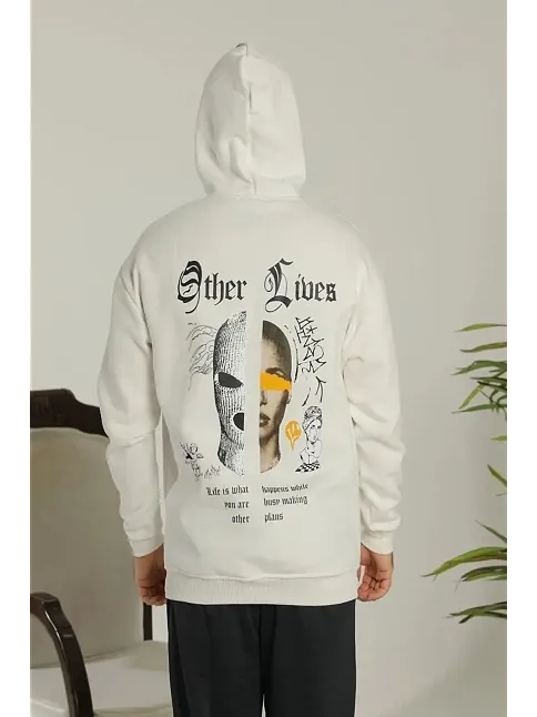Erkek 3 İplik Pamuklu Kapüşonlu Baskılı Cepli Oversize Sweatshirt Hoodie - Beyaz