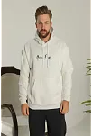 Erkek 3 İplik Pamuklu Kapüşonlu Baskılı Cepli Oversize Sweatshirt Hoodie - Beyaz