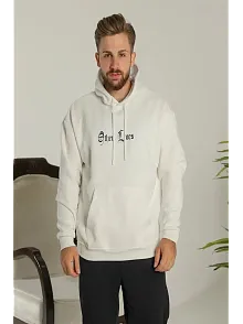 Erkek 3 İplik Pamuklu Kapüşonlu Baskılı Cepli Oversize Sweatshirt Hoodie - Beyaz