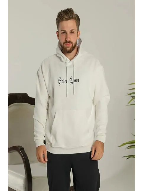Erkek 3 İplik Pamuklu Kapüşonlu Baskılı Cepli Oversize Sweatshirt Hoodie - Beyaz