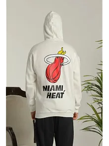 Erkek 3 İplik Pamuklu Kapüşonlu Baskılı Cepli Oversize Sweatshirt Hoodie - Beyaz