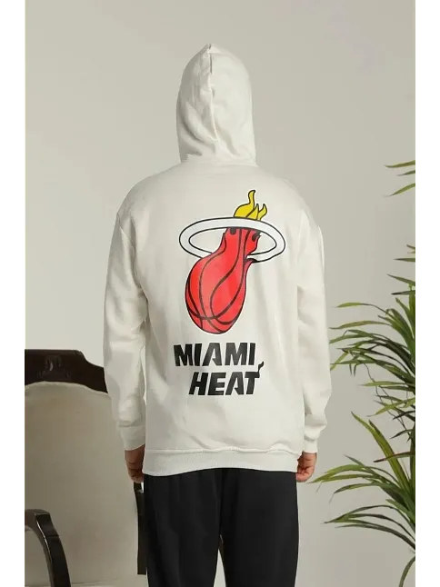 Erkek 3 İplik Pamuklu Kapüşonlu Baskılı Cepli Oversize Sweatshirt Hoodie - Beyaz