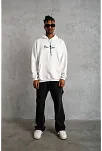 Erkek 3 İplik Pamuklu Kapüşonlu Baskılı Cepli Oversize Sweatshirt Hoodie - Beyaz
