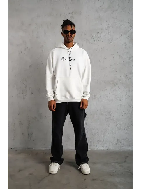 Erkek 3 İplik Pamuklu Kapüşonlu Baskılı Cepli Oversize Sweatshirt Hoodie - Beyaz