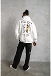 Erkek 3 İplik Pamuklu Kapüşonlu Baskılı Cepli Oversize Sweatshirt Hoodie - Beyaz