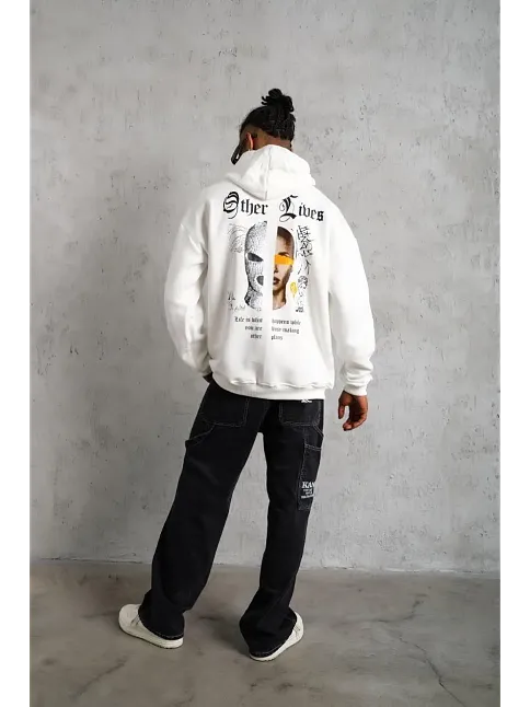 Erkek 3 İplik Pamuklu Kapüşonlu Baskılı Cepli Oversize Sweatshirt Hoodie - Beyaz