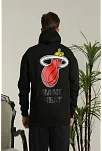Erkek 3 İplik Pamuklu Kapüşonlu Baskılı Cepli Oversize Sweatshirt Hoodie - Siyah