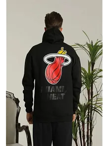 Erkek 3 İplik Pamuklu Kapüşonlu Baskılı Cepli Oversize Sweatshirt Hoodie - Siyah
