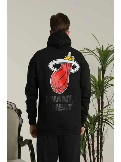 Erkek 3 İplik Pamuklu Kapüşonlu Baskılı Cepli Oversize Sweatshirt Hoodie - Siyah