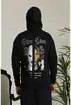 Erkek 3 İplik Pamuklu Kapüşonlu Baskılı Cepli Oversize Sweatshirt Hoodie - Siyah