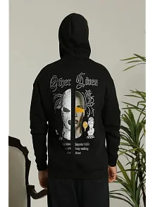 Erkek 3 İplik Pamuklu Kapüşonlu Baskılı Cepli Oversize Sweatshirt Hoodie - Siyah