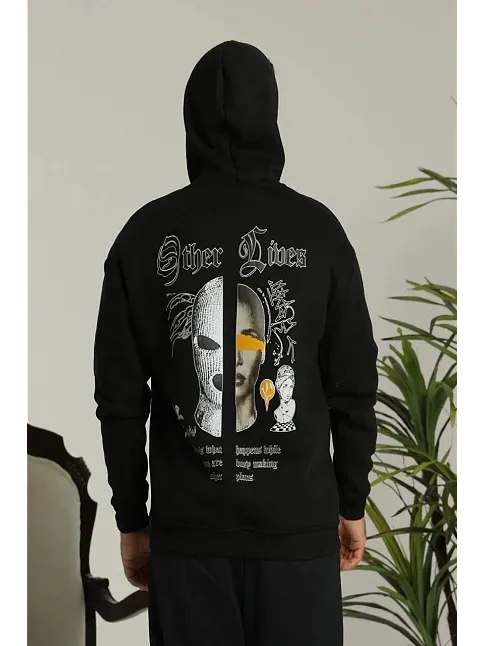 Erkek 3 İplik Pamuklu Kapüşonlu Baskılı Cepli Oversize Sweatshirt Hoodie - Siyah