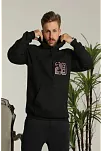 Erkek 3 İplik Pamuklu Kapüşonlu Baskılı Cepli Oversize Sweatshirt Hoodie - Siyah