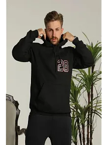 Erkek 3 İplik Pamuklu Kapüşonlu Baskılı Cepli Oversize Sweatshirt Hoodie - Siyah