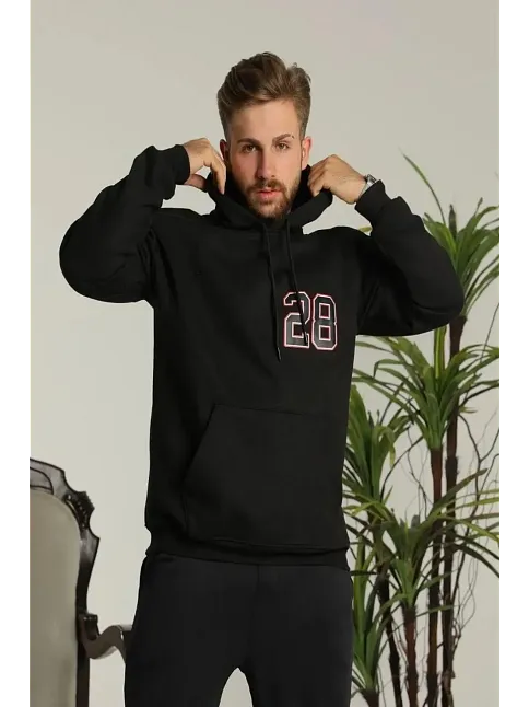 Erkek 3 İplik Pamuklu Kapüşonlu Baskılı Cepli Oversize Sweatshirt Hoodie - Siyah