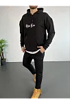 Erkek 3 İplik Pamuklu Kapüşonlu Baskılı Cepli Oversize Sweatshirt Hoodie - Siyah
