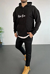 Erkek 3 İplik Pamuklu Kapüşonlu Baskılı Cepli Oversize Sweatshirt Hoodie - Siyah