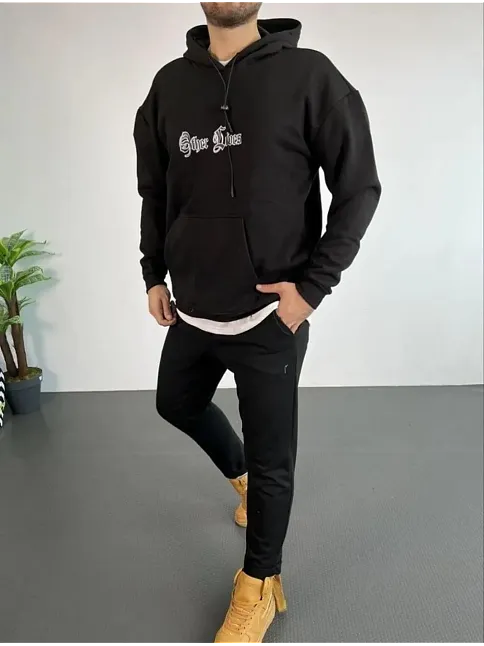 Erkek 3 İplik Pamuklu Kapüşonlu Baskılı Cepli Oversize Sweatshirt Hoodie - Siyah