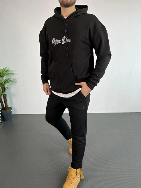 Erkek 3 İplik Pamuklu Kapüşonlu Baskılı Cepli Oversize Sweatshirt Hoodie - Siyah