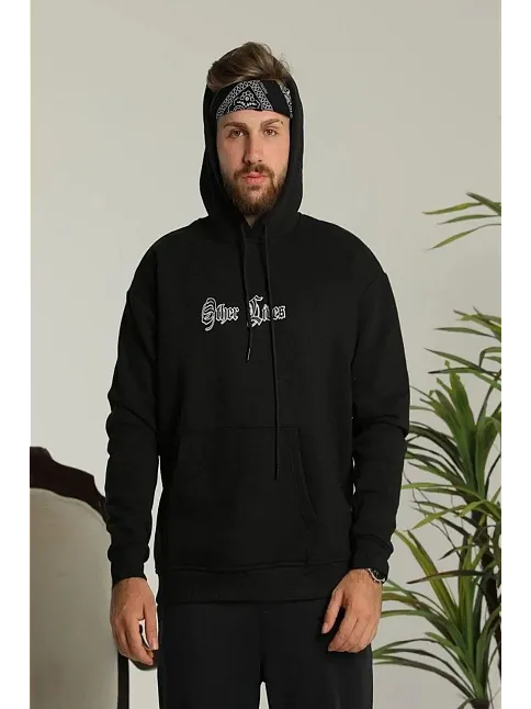 Erkek 3 İplik Pamuklu Kapüşonlu Baskılı Cepli Oversize Sweatshirt Hoodie - Siyah