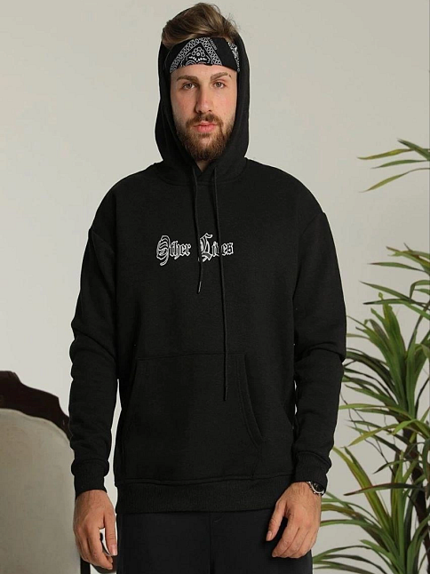 Erkek 3 İplik Pamuklu Kapüşonlu Baskılı Cepli Oversize Sweatshirt Hoodie - Siyah