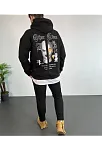 Erkek 3 İplik Pamuklu Kapüşonlu Baskılı Cepli Oversize Sweatshirt Hoodie - Siyah