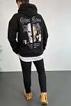 Erkek 3 İplik Pamuklu Kapüşonlu Baskılı Cepli Oversize Sweatshirt Hoodie - Siyah