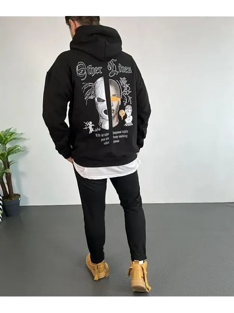 Erkek 3 İplik Pamuklu Kapüşonlu Baskılı Cepli Oversize Sweatshirt Hoodie - Siyah