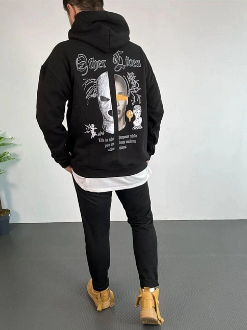 Erkek 3 İplik Pamuklu Kapüşonlu Baskılı Cepli Oversize Sweatshirt Hoodie - Siyah