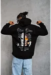 Erkek 3 İplik Pamuklu Kapüşonlu Baskılı Cepli Oversize Sweatshirt Hoodie - Siyah
