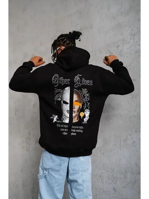 Erkek 3 İplik Pamuklu Kapüşonlu Baskılı Cepli Oversize Sweatshirt Hoodie - Siyah