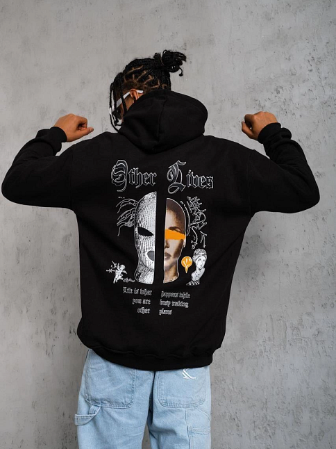 Erkek 3 İplik Pamuklu Kapüşonlu Baskılı Cepli Oversize Sweatshirt Hoodie - Siyah