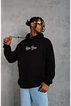 Erkek 3 İplik Pamuklu Kapüşonlu Baskılı Cepli Oversize Sweatshirt Hoodie - Siyah