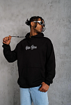 Erkek 3 İplik Pamuklu Kapüşonlu Baskılı Cepli Oversize Sweatshirt Hoodie - Siyah