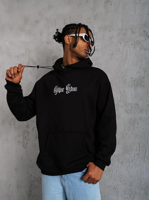 Erkek 3 İplik Pamuklu Kapüşonlu Baskılı Cepli Oversize Sweatshirt Hoodie - Siyah