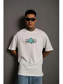 Erkek Kısa Kol Yazlık Tişört Bisiklet Yaka Baskılı Oversize T-shirt - Beyaz