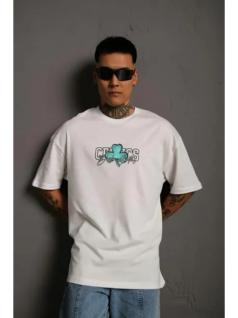 Erkek Kısa Kol Yazlık Tişört Bisiklet Yaka Baskılı Oversize T-shirt - Beyaz