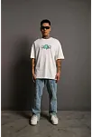 Erkek Kısa Kol Yazlık Tişört Bisiklet Yaka Baskılı Oversize T-shirt - Beyaz