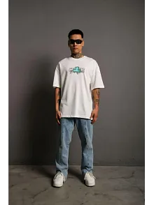 Erkek Kısa Kol Yazlık Tişört Bisiklet Yaka Baskılı Oversize T-shirt - Beyaz