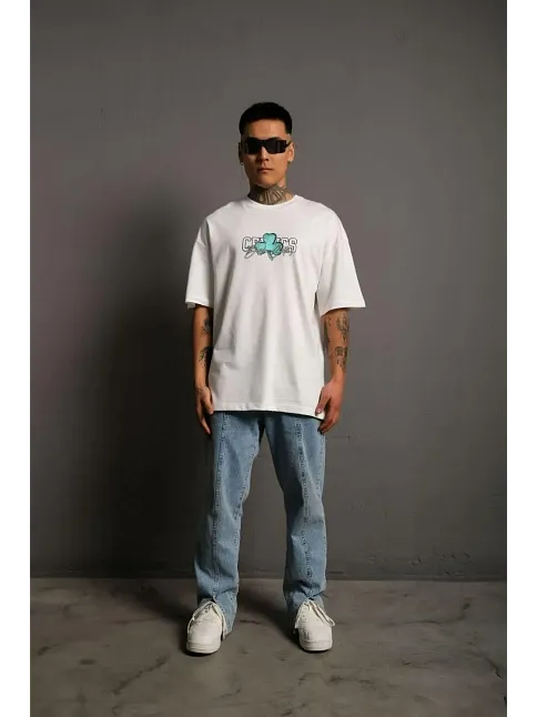 Erkek Kısa Kol Yazlık Tişört Bisiklet Yaka Baskılı Oversize T-shirt - Beyaz