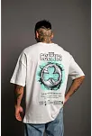 Erkek Kısa Kol Yazlık Tişört Bisiklet Yaka Baskılı Oversize T-shirt - Beyaz